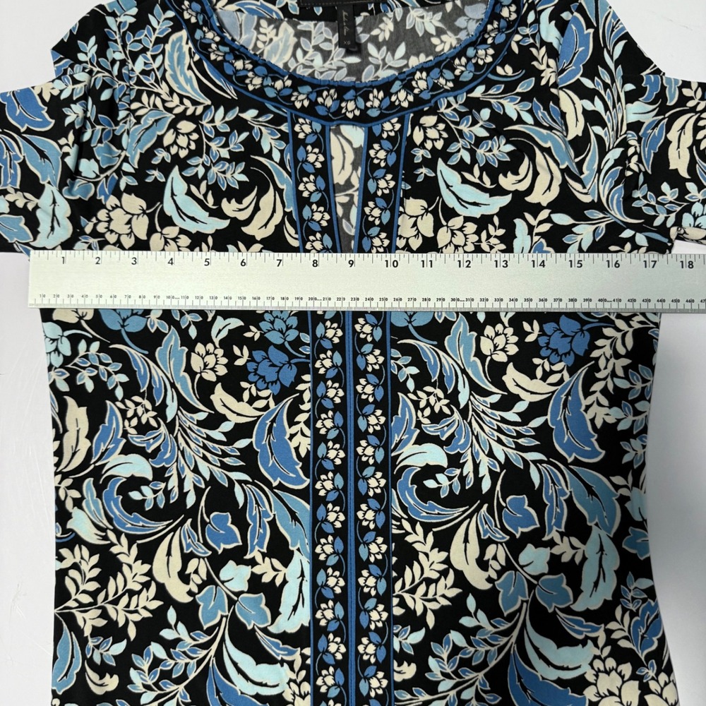 BCBGMAXAZRIA Blue Floral Keyhole Shift Dress XS Black 3/4 Sleeve Jersey Knit - Picture 5 of 13